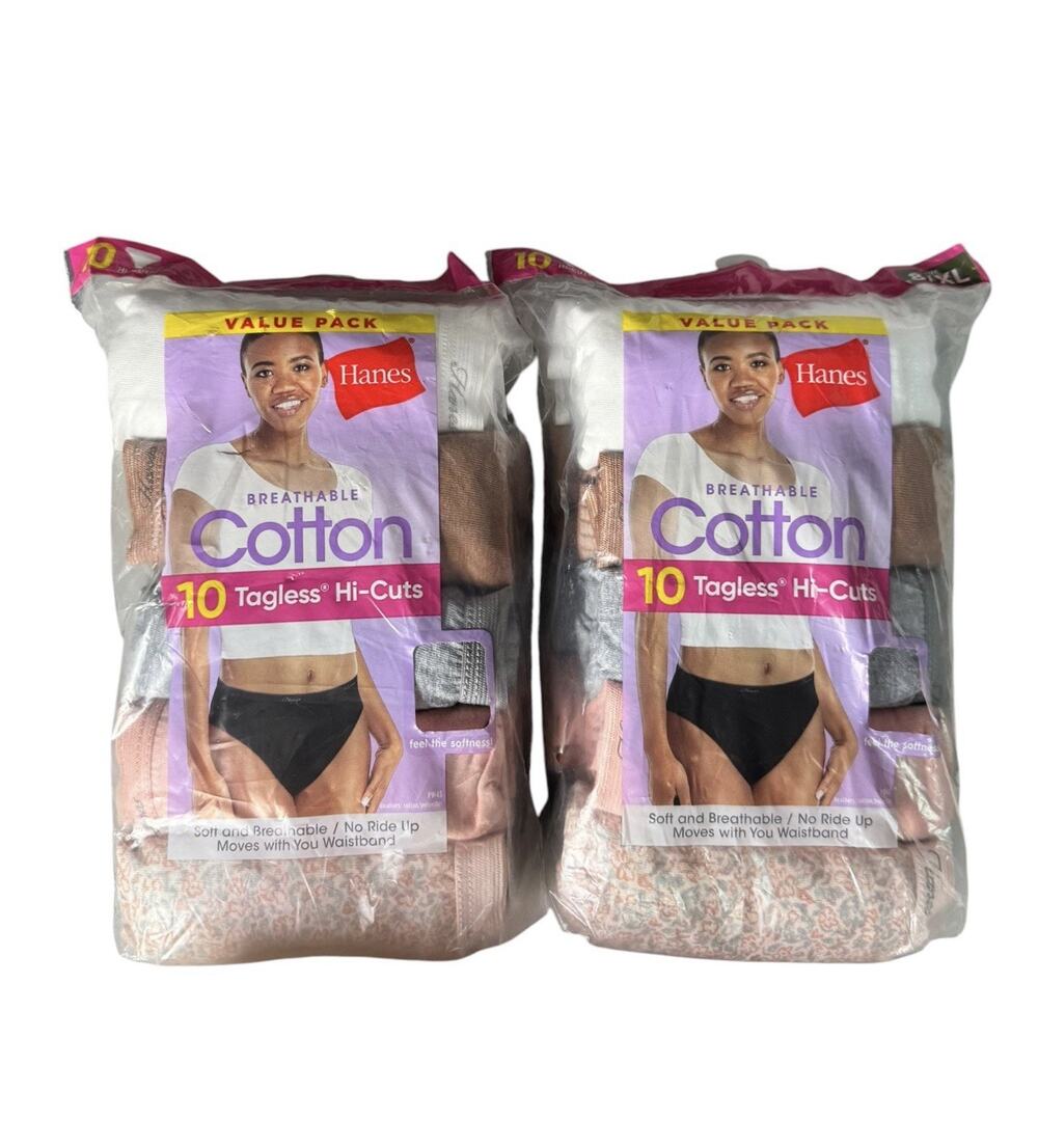 Hanes Womens Hi-Cut Underwear 20 Pair Cotton Tagless Panties 2 Packs Size 8/XL
